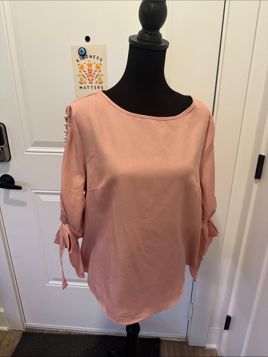 SHEIN Tops - SHEIN Dusty Rose Tie-Sleeve Pearl-Trim Blouse